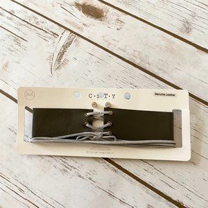 City New York Women's Gray Lace Up Choker Necklace & Earring Set Genuine Leather